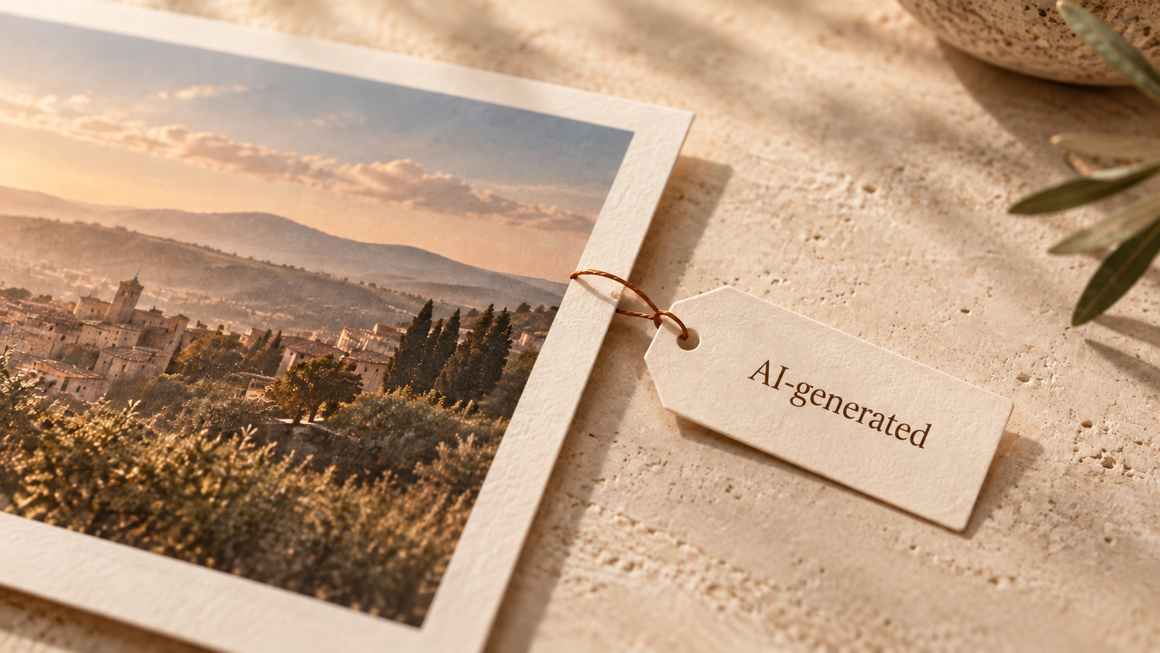 A photograph of a village carries a tag that reads “AI-generated”.
