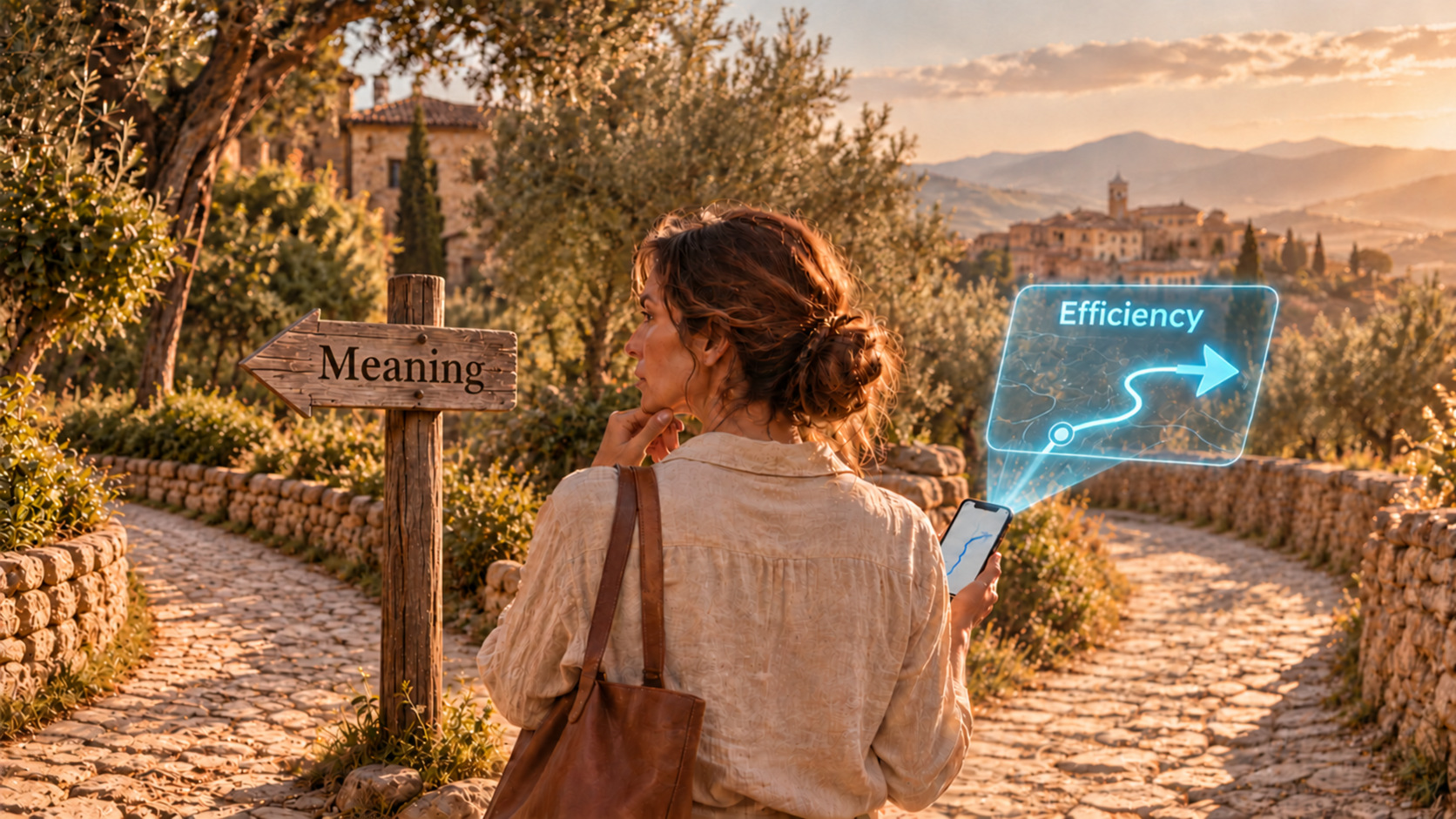 A woman faces a fork in the path. The left path is signposted “Meaning”. To the right, a GPS projects “Efficiency”.