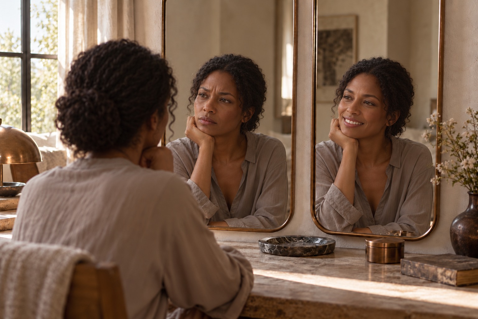 Une même femme devant deux miroirs. Dans un reflet, elle est plus tendue. Dans l’autre, elle sourit.