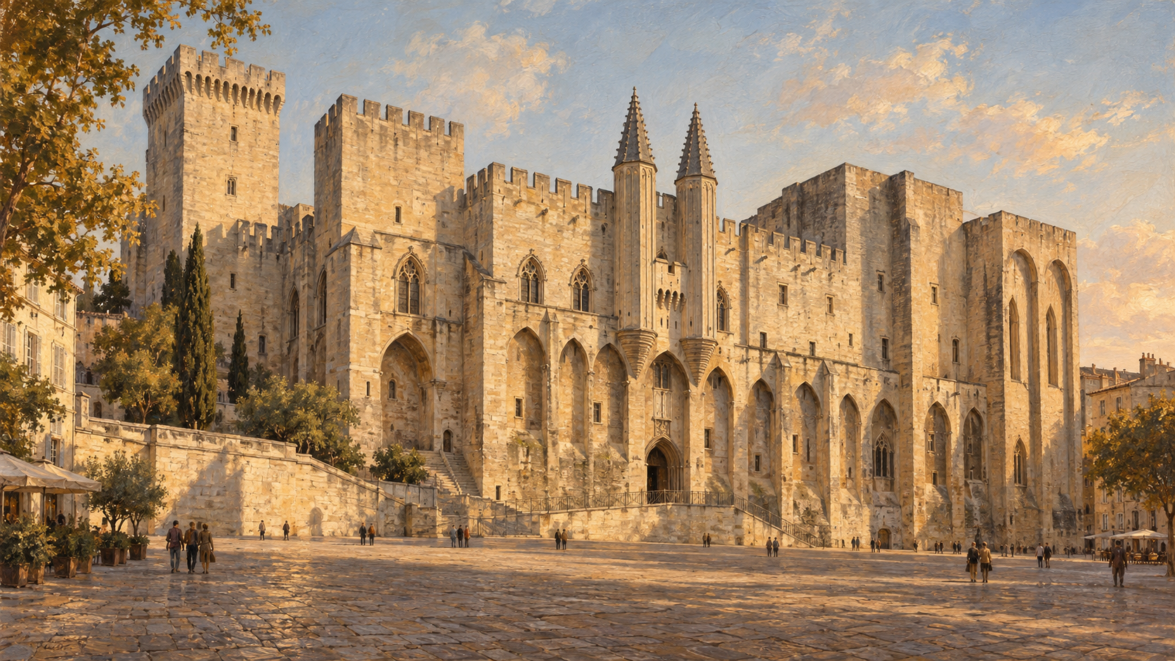 Pintura del Palacio de los Papas en Avignon, con luz cálida sobre su fachada de piedra.