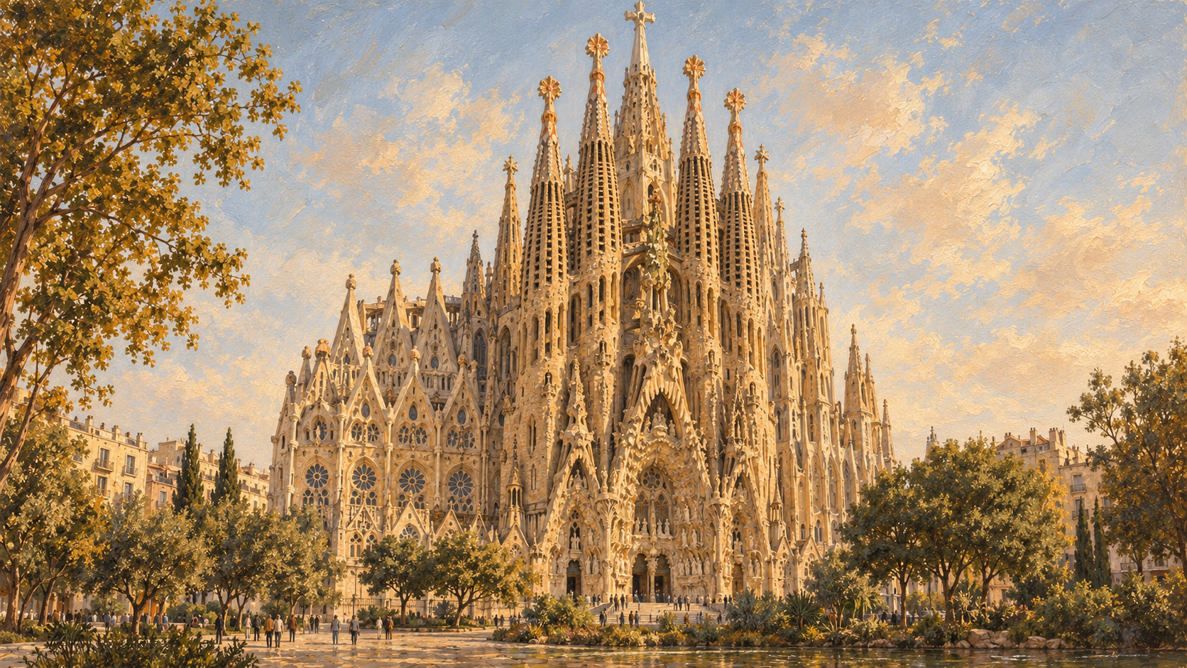 Pintura de la Sagrada Família en Barcelona, con luz cálida y pinceladas suaves.