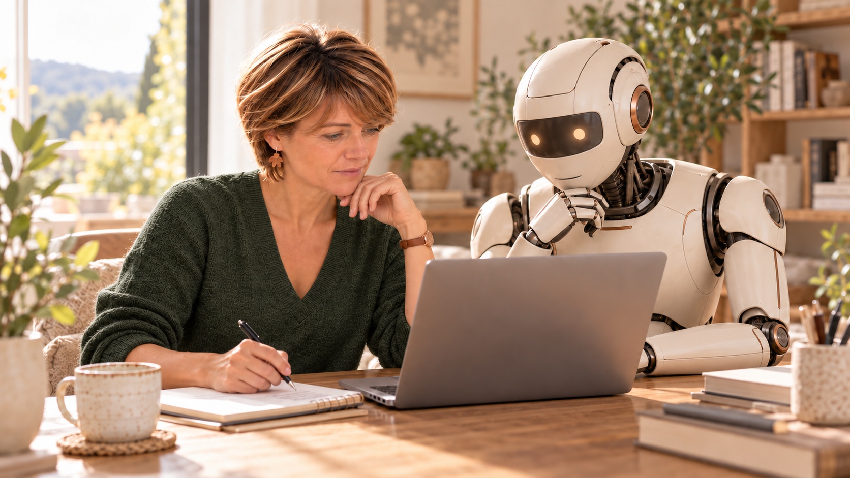 Eugénie i un robot treballant amb un portàtil