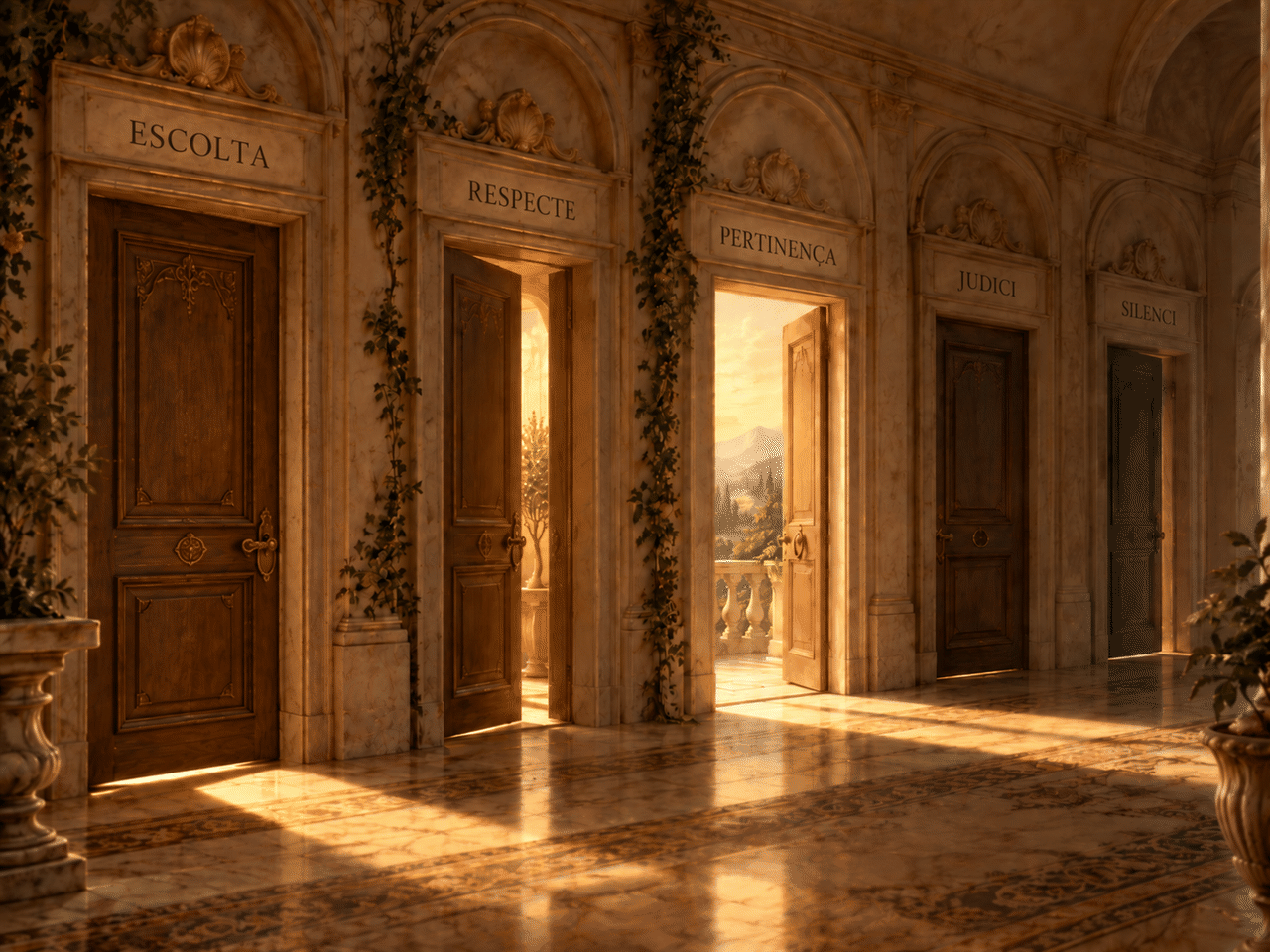 Cinc portes: Escolta, Respecte, Pertinença, Judici i Silenci. La porta d’Escolta passa de tancada a oberta.