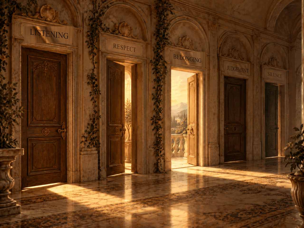 Five doors: Listening, Respect, Belonging, Judgement and Silence. The Listening door changes from closed to open.