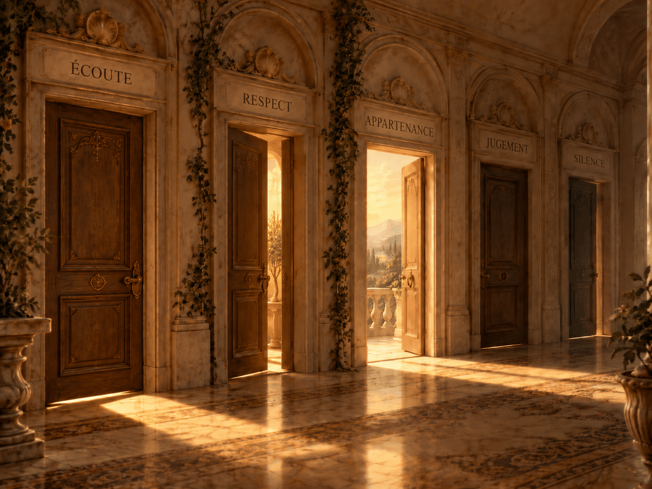 Cinq portes : Écoute, Respect, Appartenance, Jugement et Silence. La porte Écoute passe de fermée à ouverte.