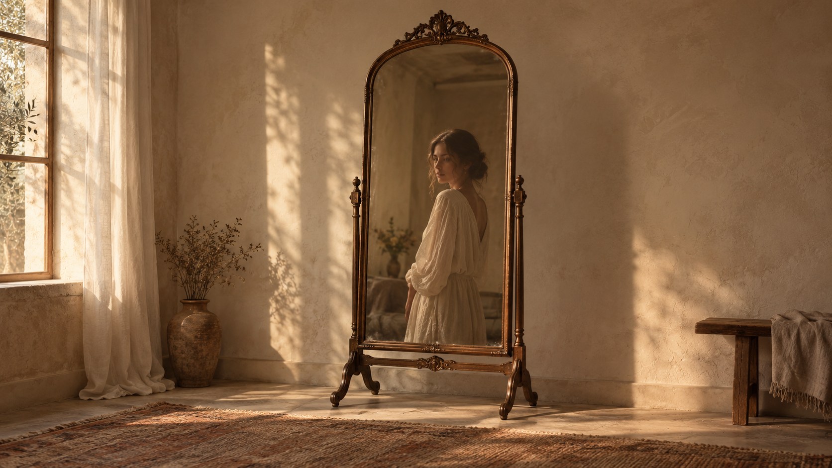 A woman appears in an antique mirror although the space in front of it is empty.