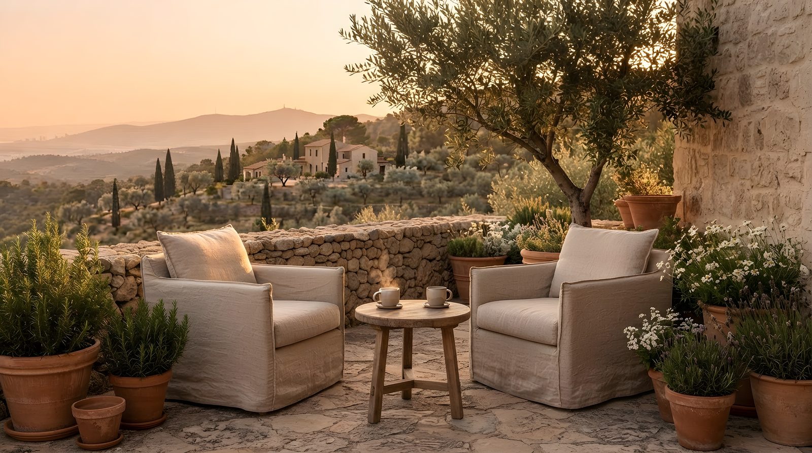 Terraza de piedra con dos butacas de lino, una mesa pequeña y dos cafés, frente a un paisaje de olivos